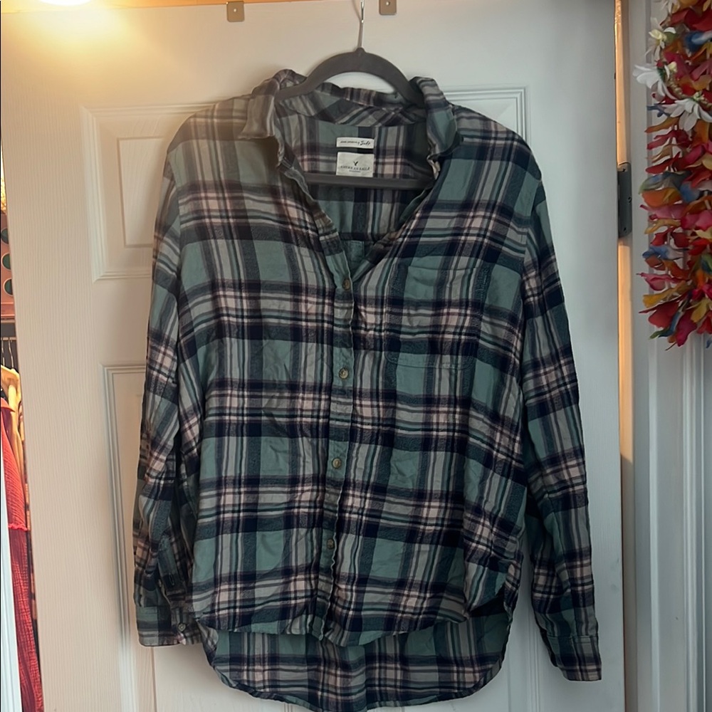 Green and Black Plaid Button-Up Shirt